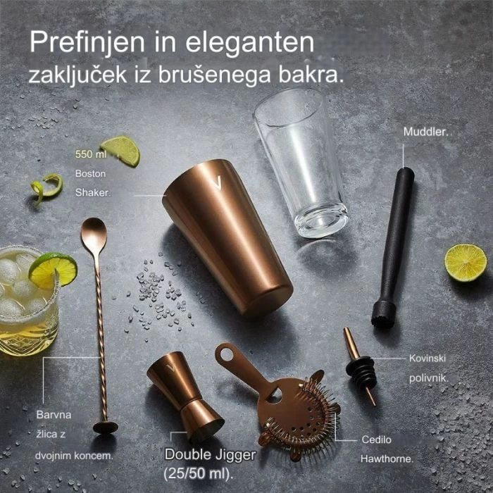 set koktej VONSHEF 1500117 Boston shaker 550 ml + jigger 25/50 ml, brushed copper, set 6 copë