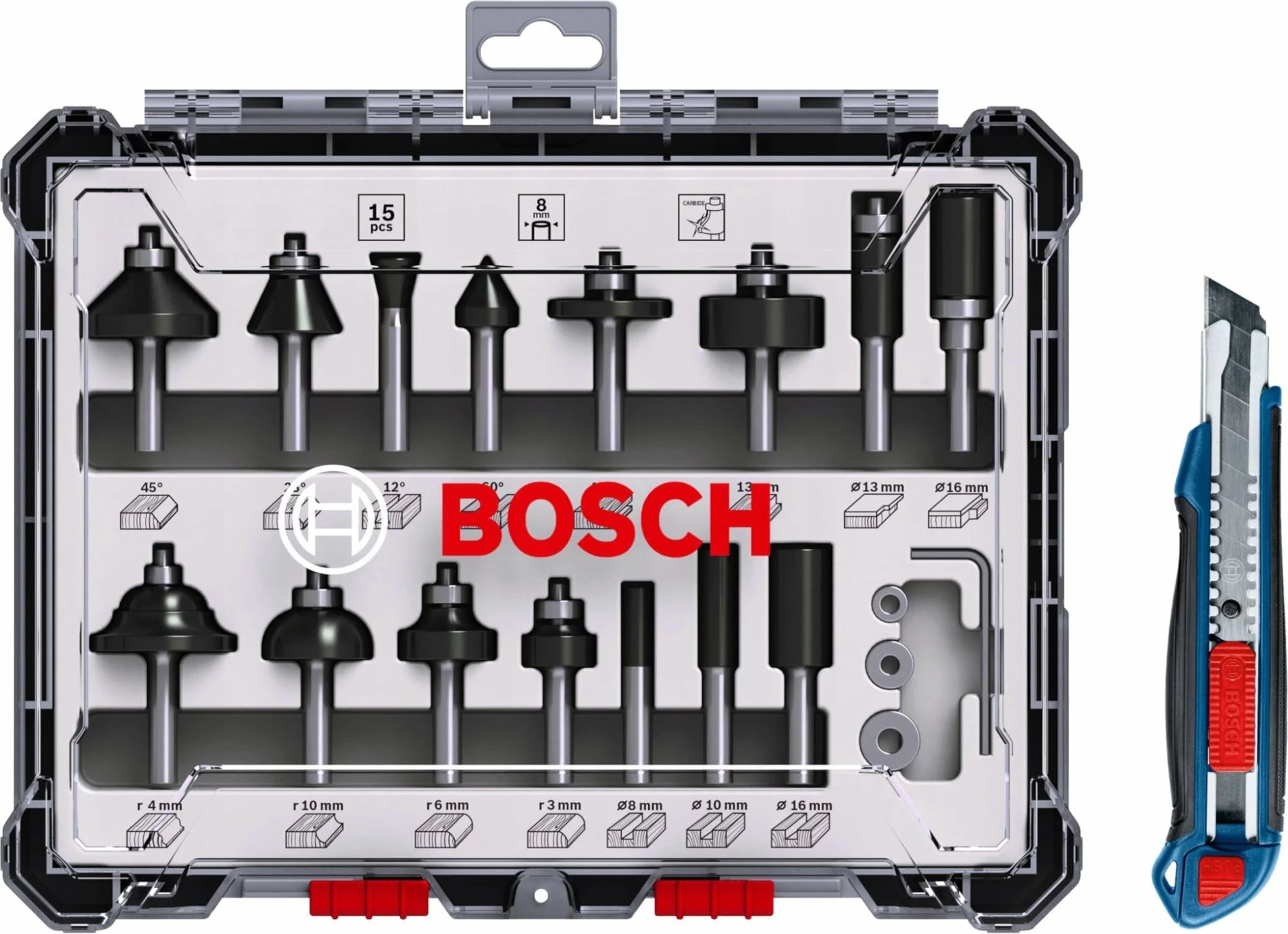 Set frëzash për frezë Bosch Professional 0615997653, bosht 8 mm, karbid, 15 copë