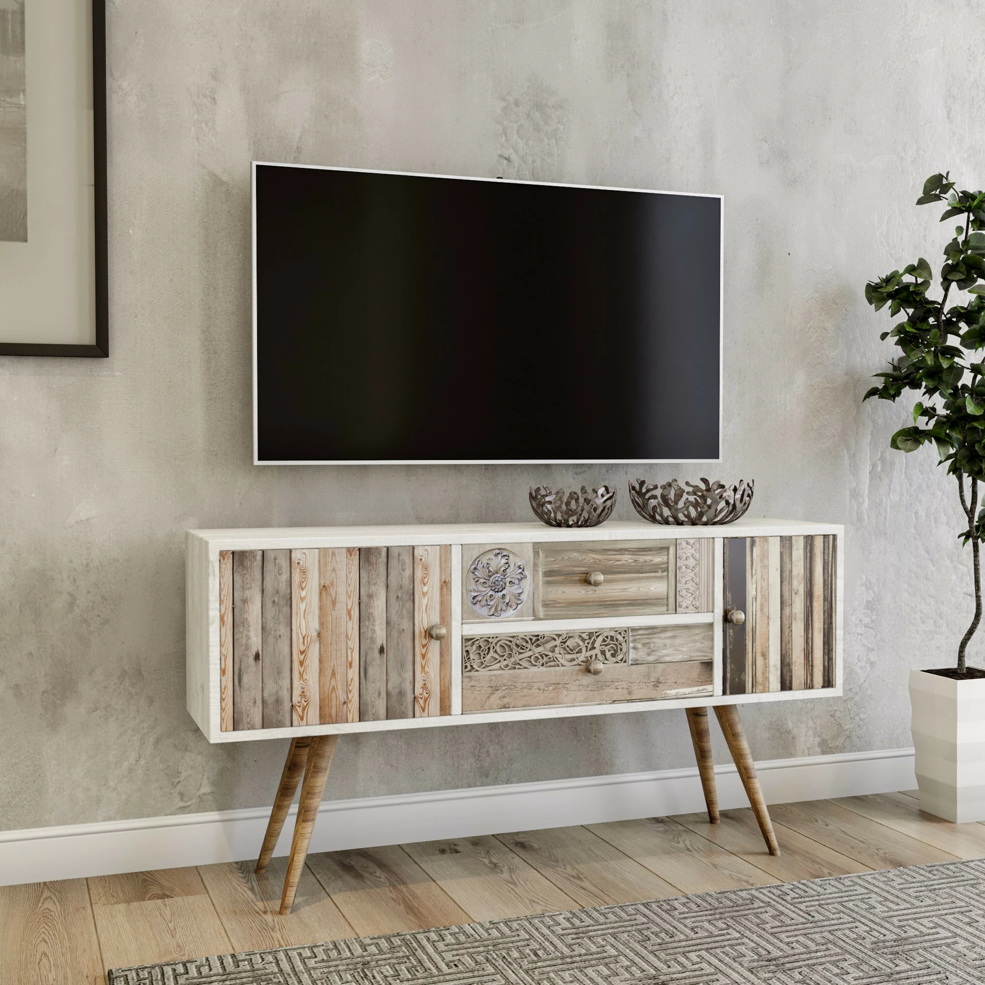 Komodë TV Skye Decor, Odense, ngjyrë e bardhë dhe arre