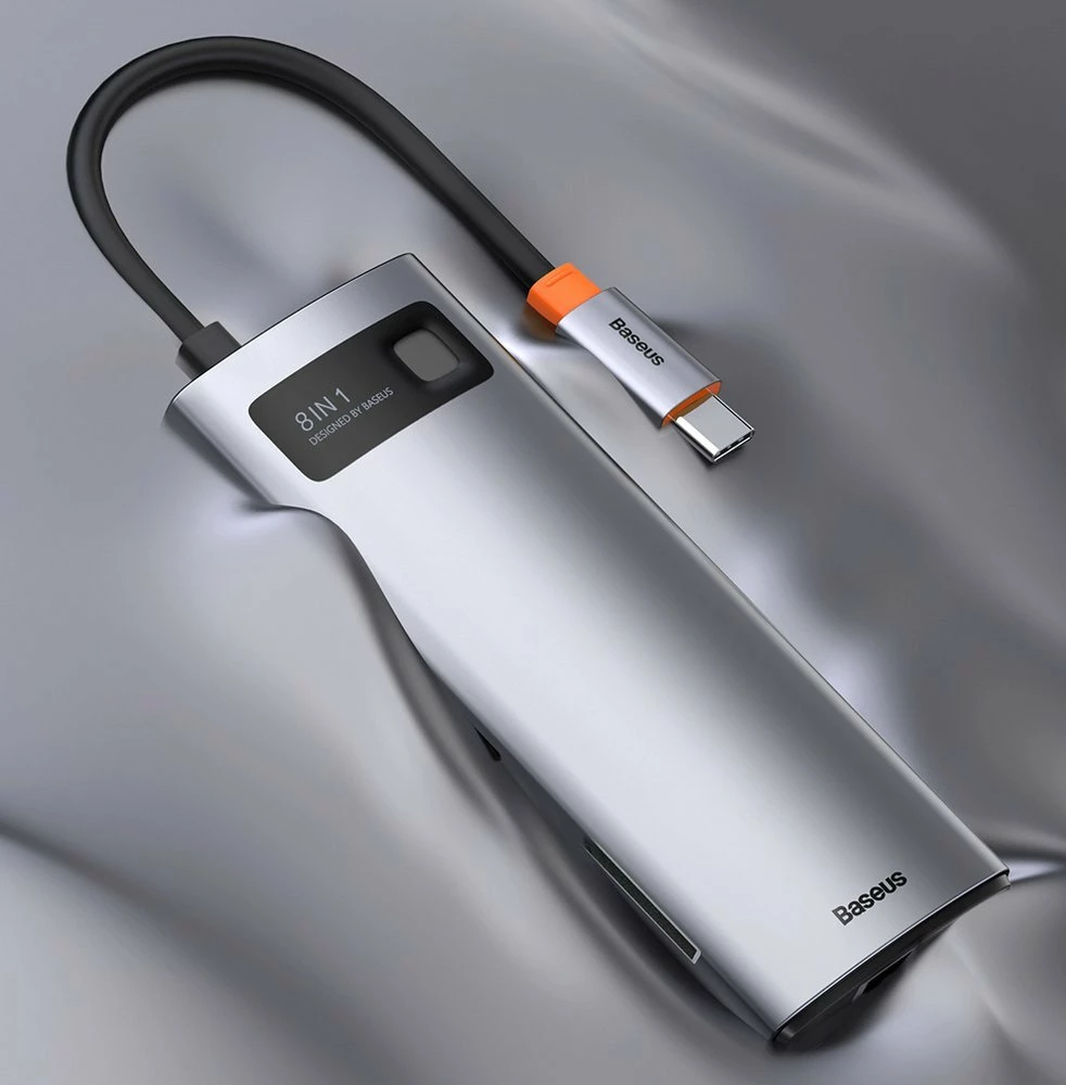 HUB Baseus Metal Gleam 8in1, USB-C, HDMI 4K, RJ45, 100W PD, Gri