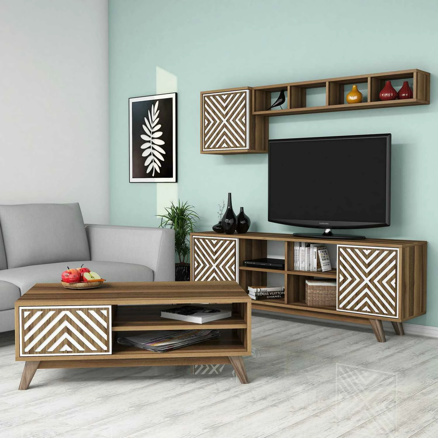 Set mobiljesh për dhomë dite Skye Decor, inci, ngjyrë arre, e bardhë