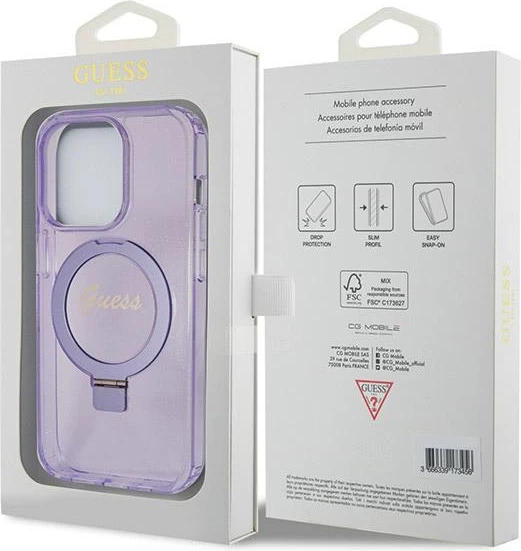Mbështjellës Guess Ring Stand Script Glitter MagSafe për iPhone 14 Pro Max, vjollcë