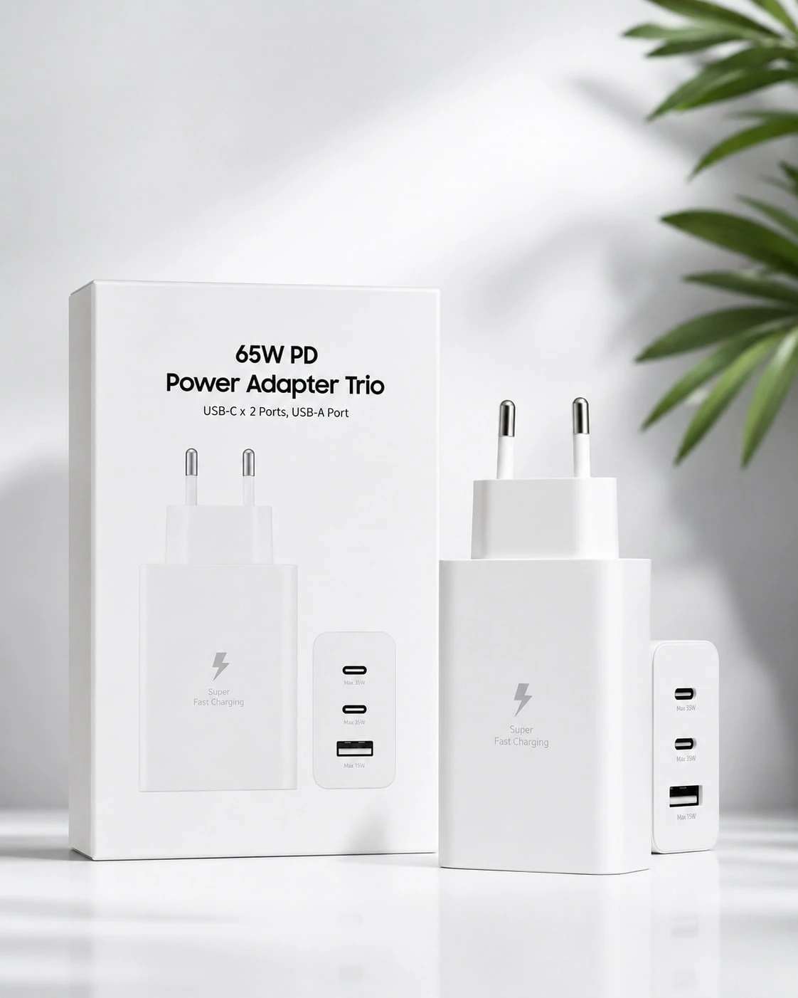 Karikues 65W PD Trio 2x USB-C + USB-A, EU Plug - i bardhë