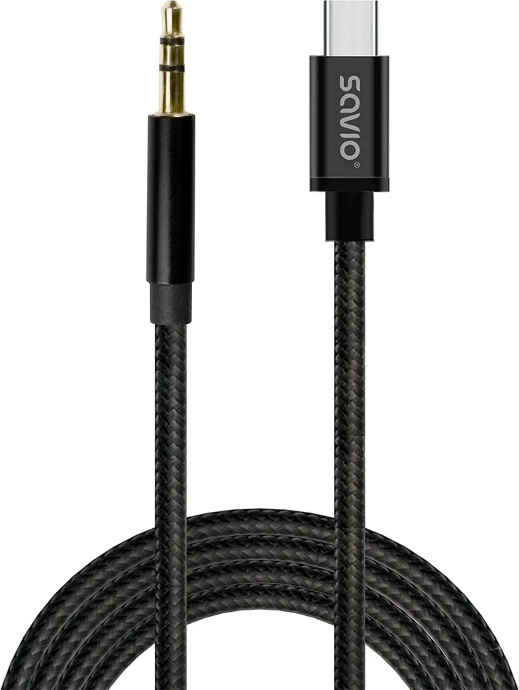 Kabllo audio Savio CL-188, USB-C në mini-jack 3.5mm, 2m, Zi