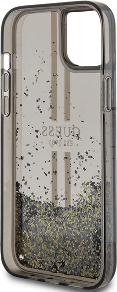 Mbështjellës Guess Liquid Glitter Gold Stripes për iPhone 15 Plus / 14 Plus, e zezë