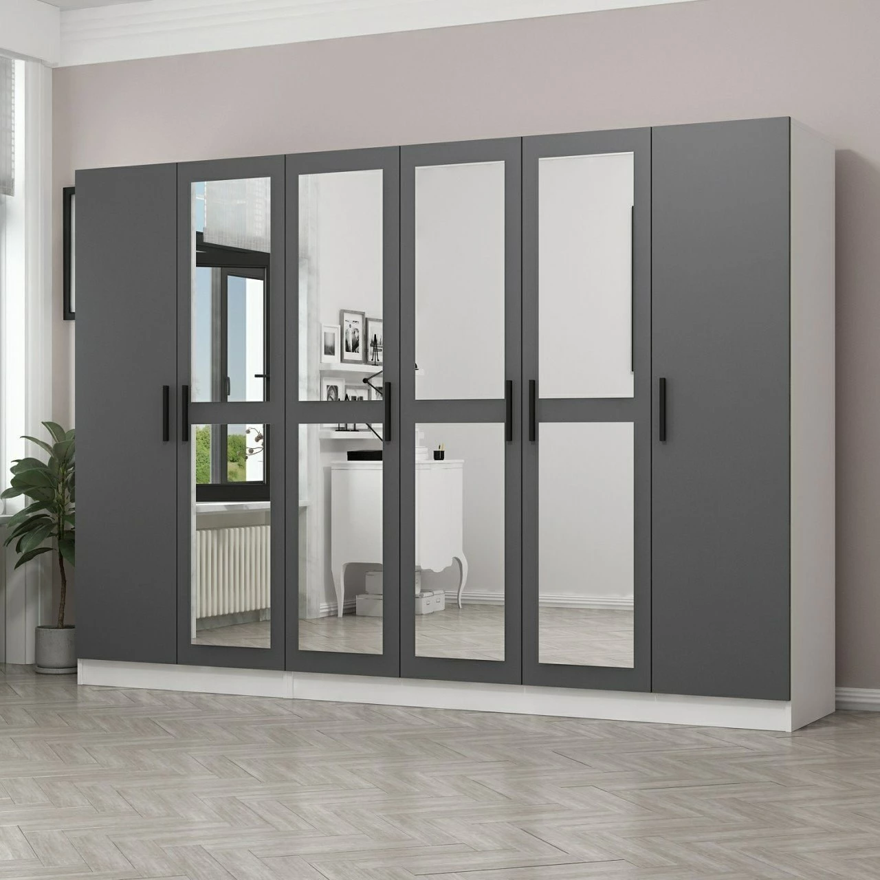 Dollap i madh me pasqyra, ngjyrë antracit, Skye Decor, 270x210x52cm