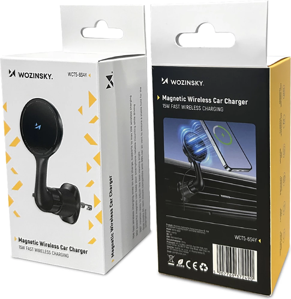 Mbajtës magnetik për veturë Wozinsky WCT5-6S4Y me karikues wireless Qi/MagSafe 15W, i zi