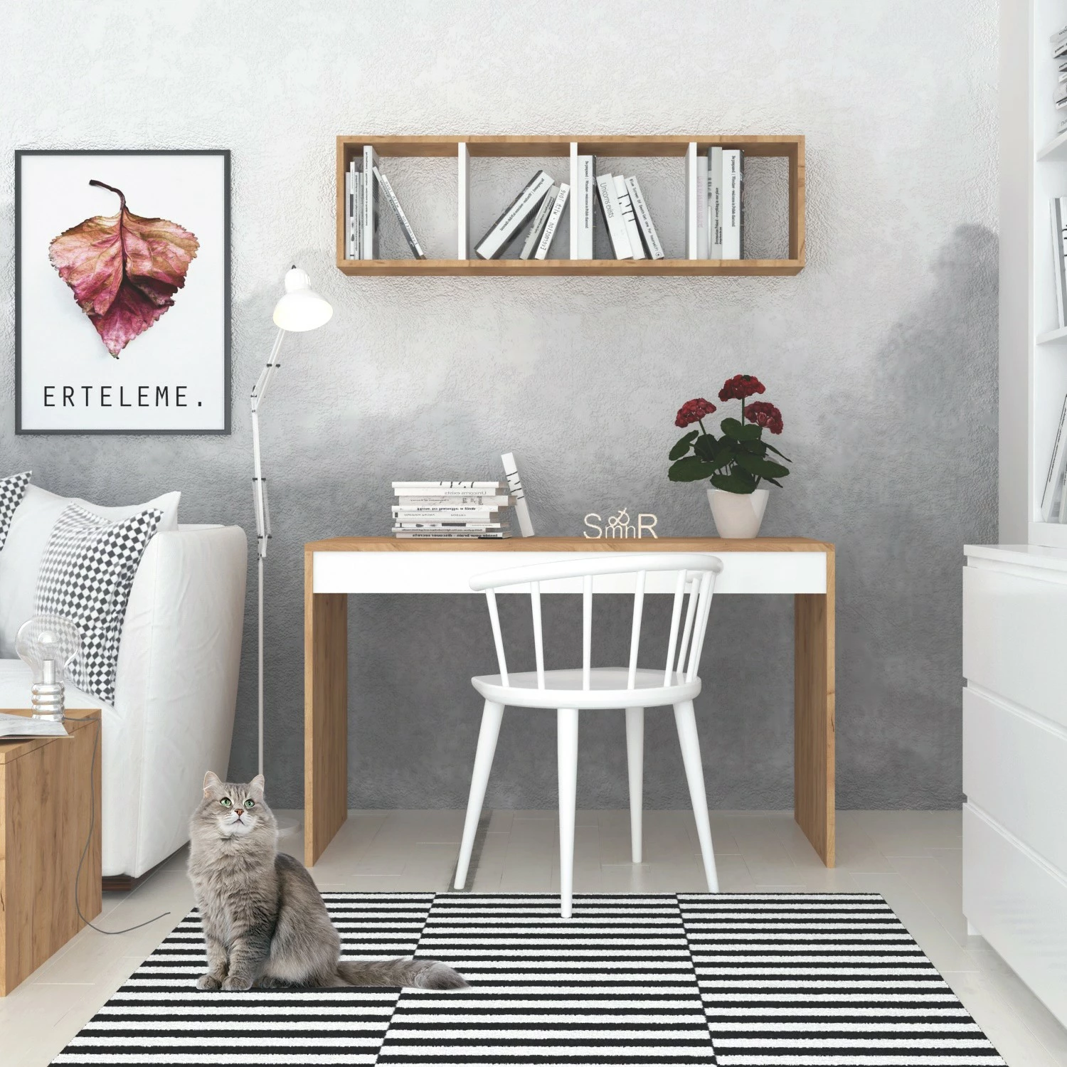 Set tavoline studimi Hanah Home, Ertel, ngjyrë lisi, me raft muri