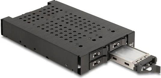 Rack mobil 3.5" DeLOCK për 4x M.2 NVMe SSD, PCIe 4.0, Slim SAS SFF-8654, me kyç, i zi