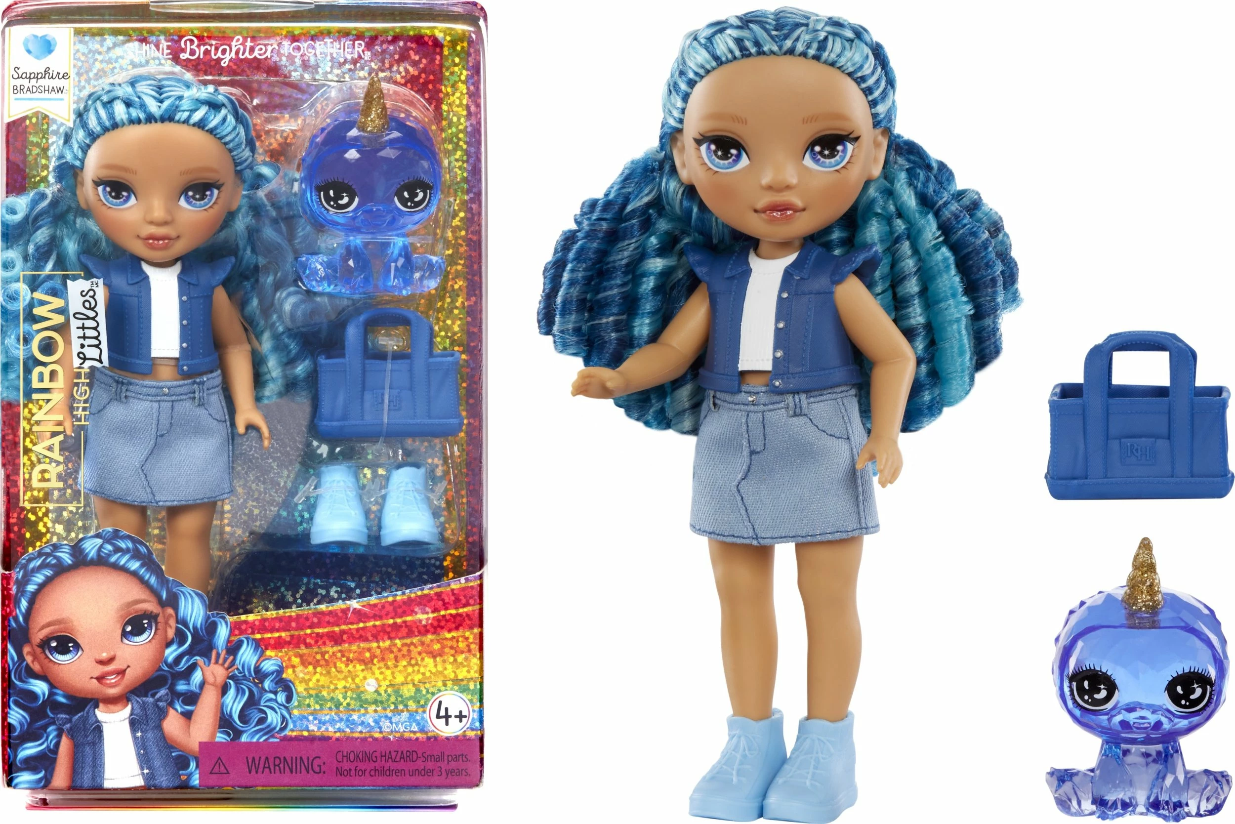 Kukull MGA Rainbow High Littles Sapphire, set me pet dhe çantë, blu