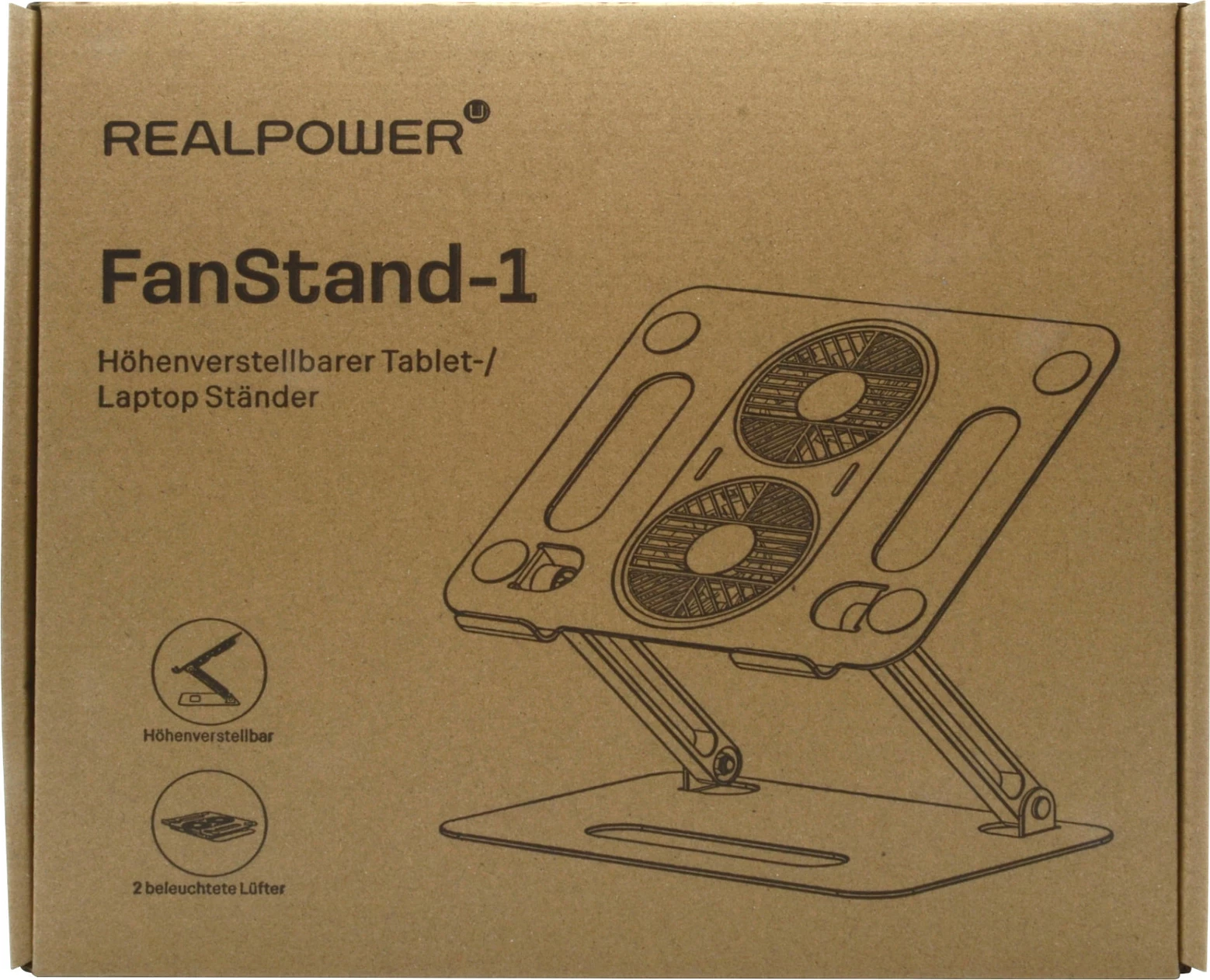 Mbajtëse laptopi/tableti RealPower FanStand 1, 2 ventilatorë, RGB, 10-17", inox