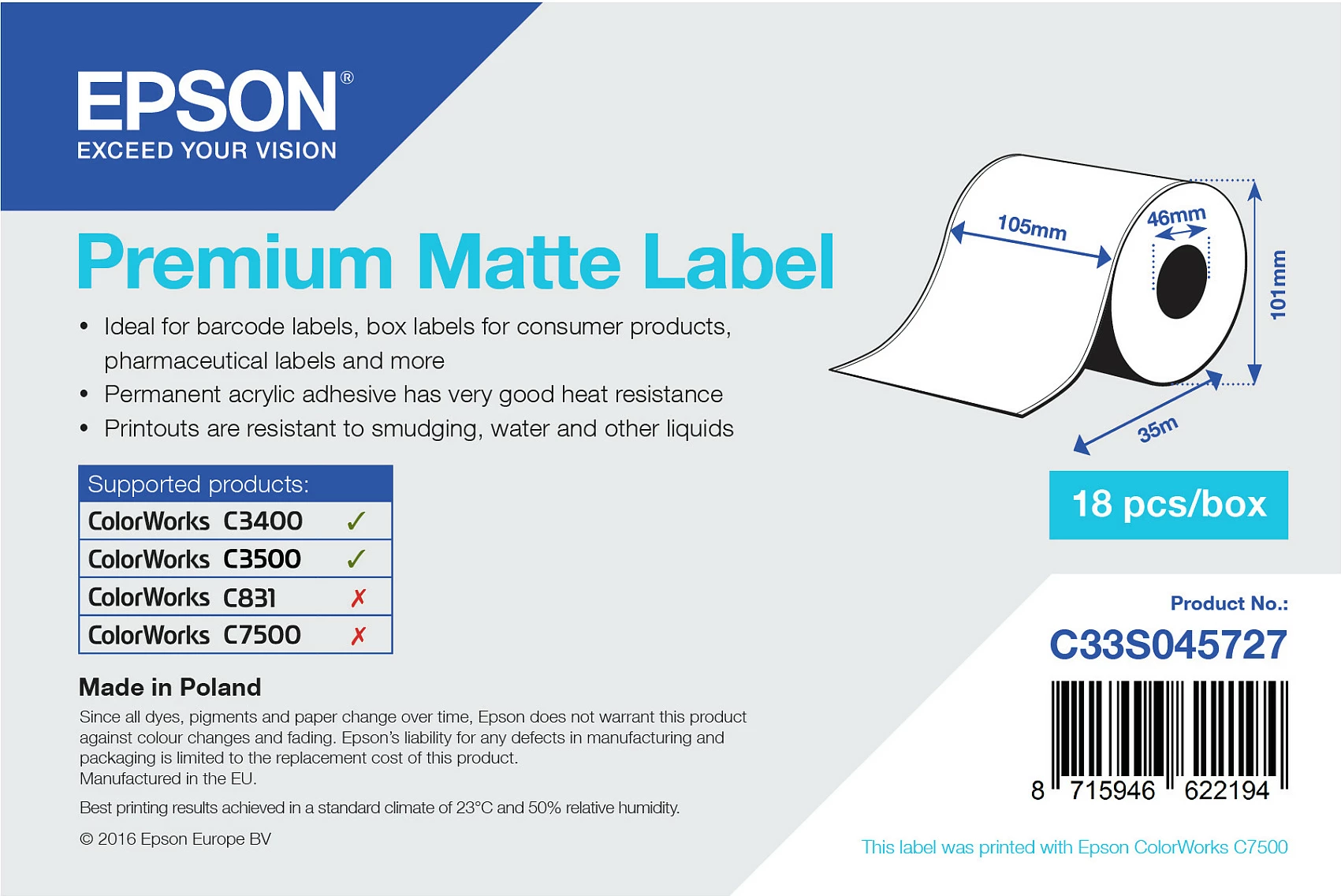 Rrotull etiketa vetëngjitëse Epson Premium Matte Label C33S045727, 105mm x 35m, mat, e bardhë