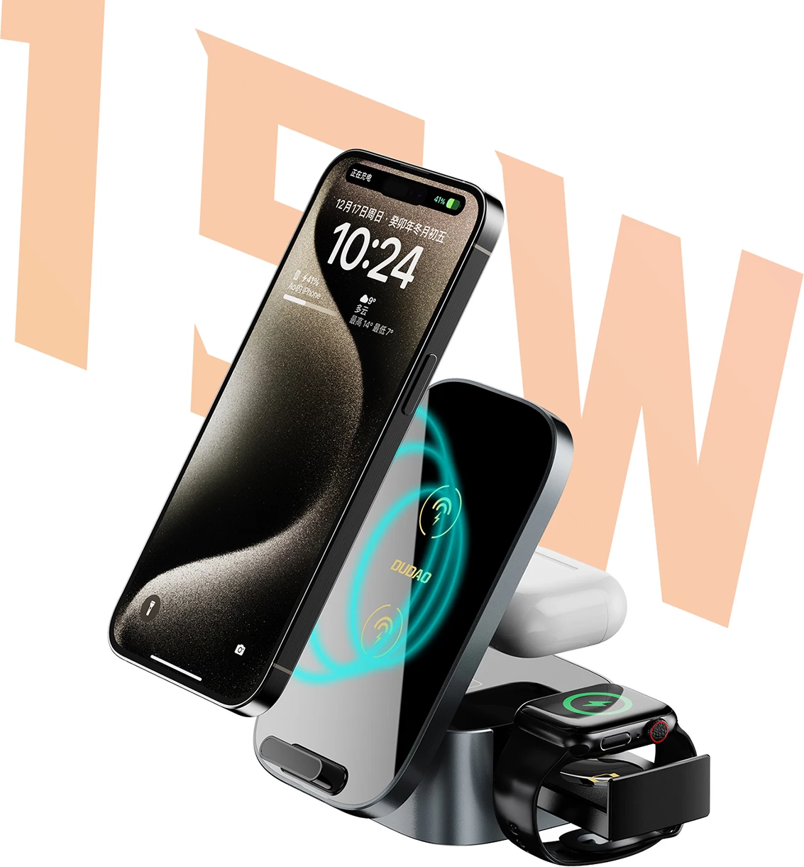 Karikues wireless 3-në-1 Dudao A11Pro+, 15W, për telefon, smartwatch dhe kufje, i zi