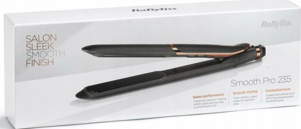 Hekur për flokë BaByliss Smooth Pro 235 ST394E 235°C, jonizim, pllakë qeramike, e zezë-ari, me këllëf termik