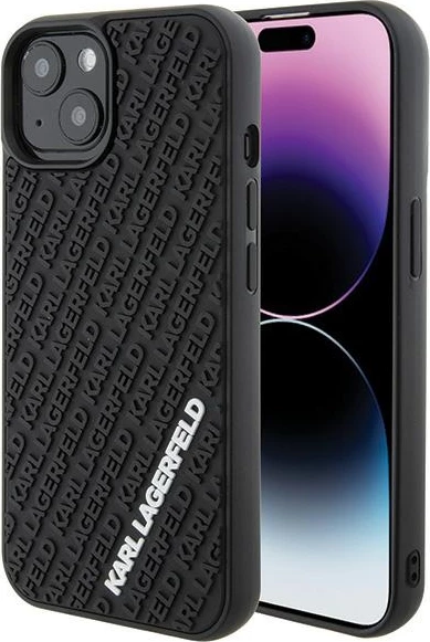 Mbështjellës Karl Lagerfeld 3D Rubber Multi Logo për iPhone 15, i zi