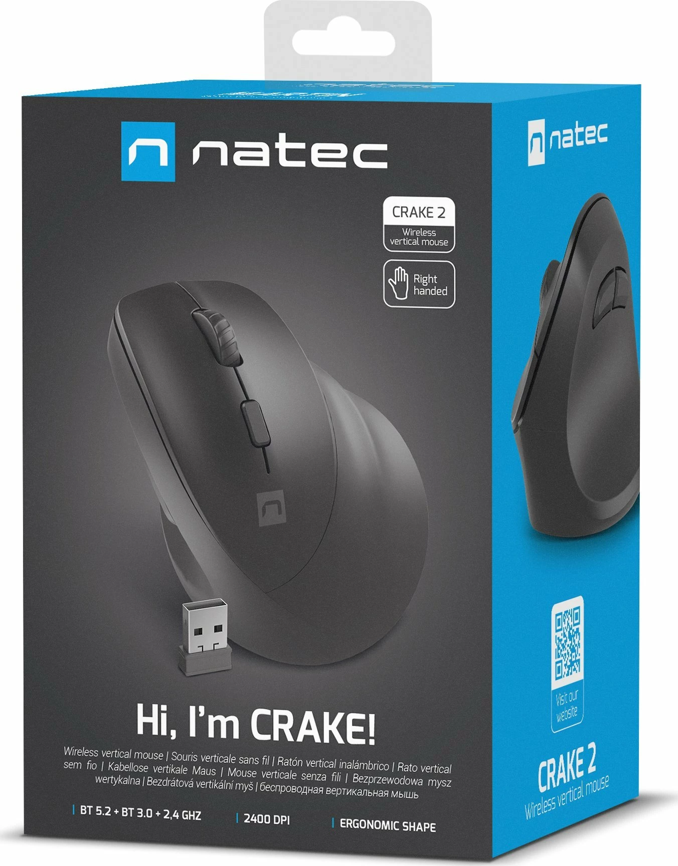 Maus vertikal Natec Crake 2 NMY-2048, wireless Bluetooth/2.4GHz, 2400 DPI, 6 butona, zezë