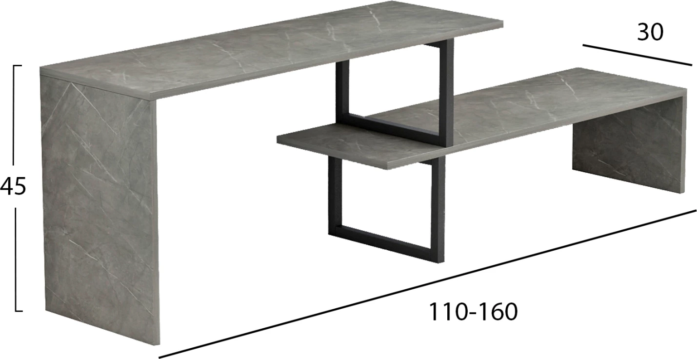 Mobilje TV e zgjerueshme BRIGGITE FH8892.11 melaminë me teksturë guri gri - këmbë metalike të zeza 110-160x30x45Hcm