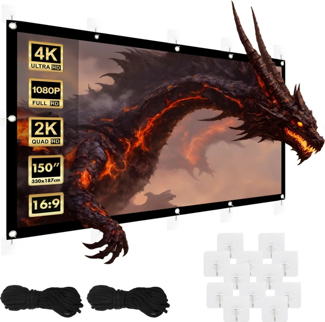 Ekran projekcioni Maclean MC-167, 150 inç, 16:9, 330x187cm, manual, me grepëza dhe litarë, i zi