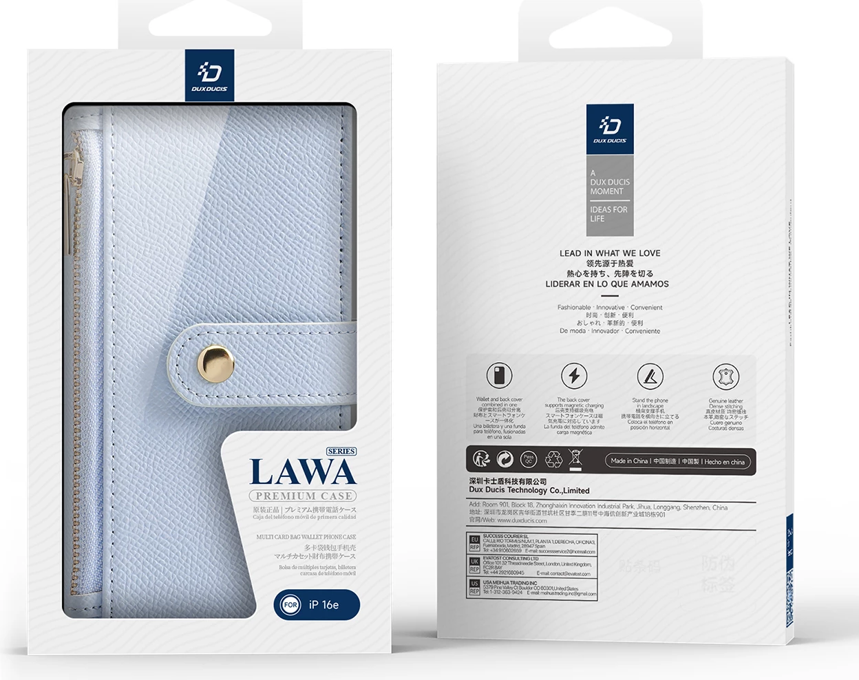 Mbështjellës Dux Ducis Lawa për iPhone 16e, lëkurë, me portofol magnetik, Blu