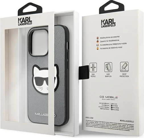 Mbështjellës Karl Lagerfeld KLHCP14LSAPCHG për iPhone 14 Pro 6.1", Saffiano Choupette, Argjend