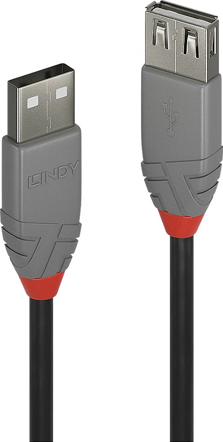 Kabllo zgjatëse USB 2.0 LINDY Anthra Line, USB-A mashkull në USB-A femër, 0.2 m, 480 Mbps, e zezë/gri