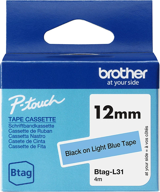 Shirit etiketimi Brother P-touch BTAG-L31, 12mm x 4m, i zi në blu të çelët