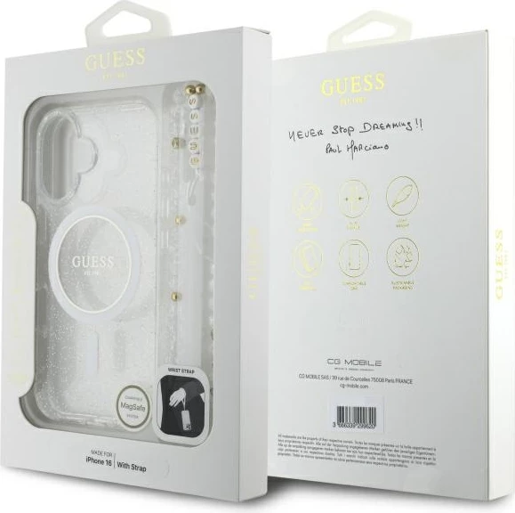 Mbështjellës Guess IML Glitter me rrip perlash MagSafe për iPhone 16, Transparent