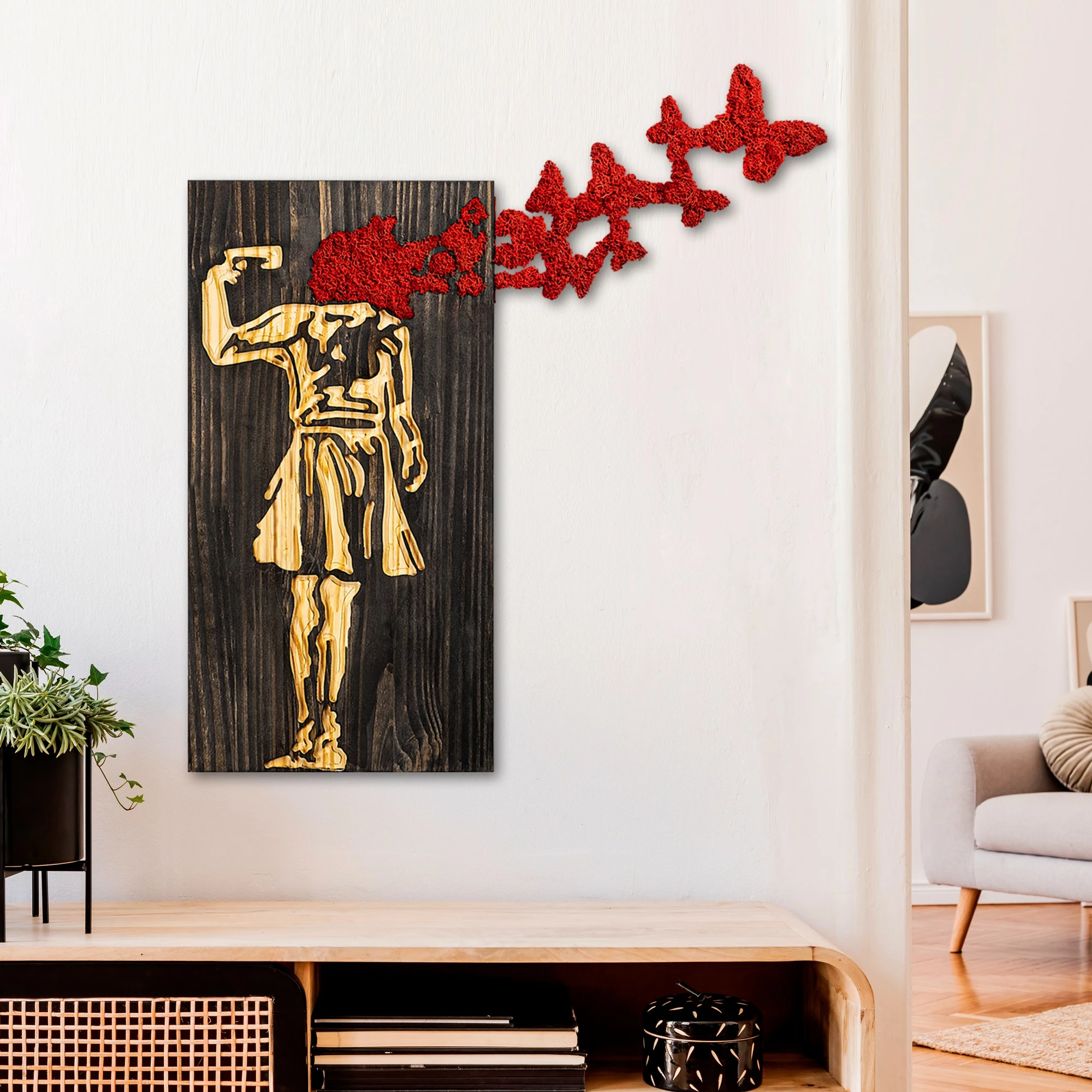 Aksesor dekorativ muri prej druri, Wallity Banksy, ngjyrë arre, kafe, e kuqe, 62x70cm