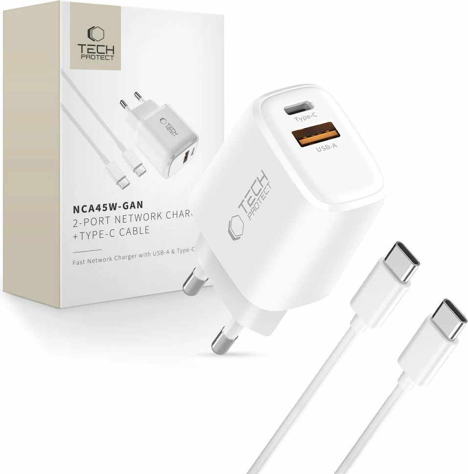 Karikues muri Tech-Protect NCA45W-GAN 45W 2-port (USB-C PD 3.0 + USB-A QC 3.0), me kabllo USB-C në USB-C 1 m, i bardhë