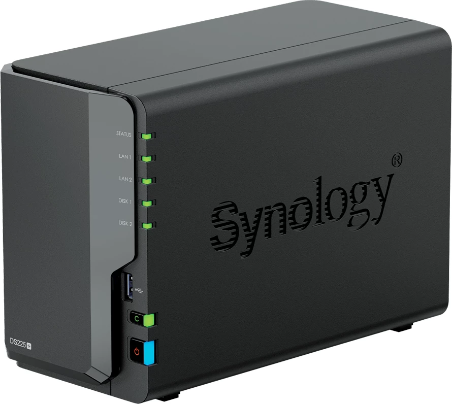 NAS Synology DS225+, 2-bay 3.5\" SATA HDD/SSD, Intel Celeron J4125, 2GB DDR4 (deri 6GB), 1GbE + 2.5GbE, 2x USB 3.2 Gen 1, i zi
