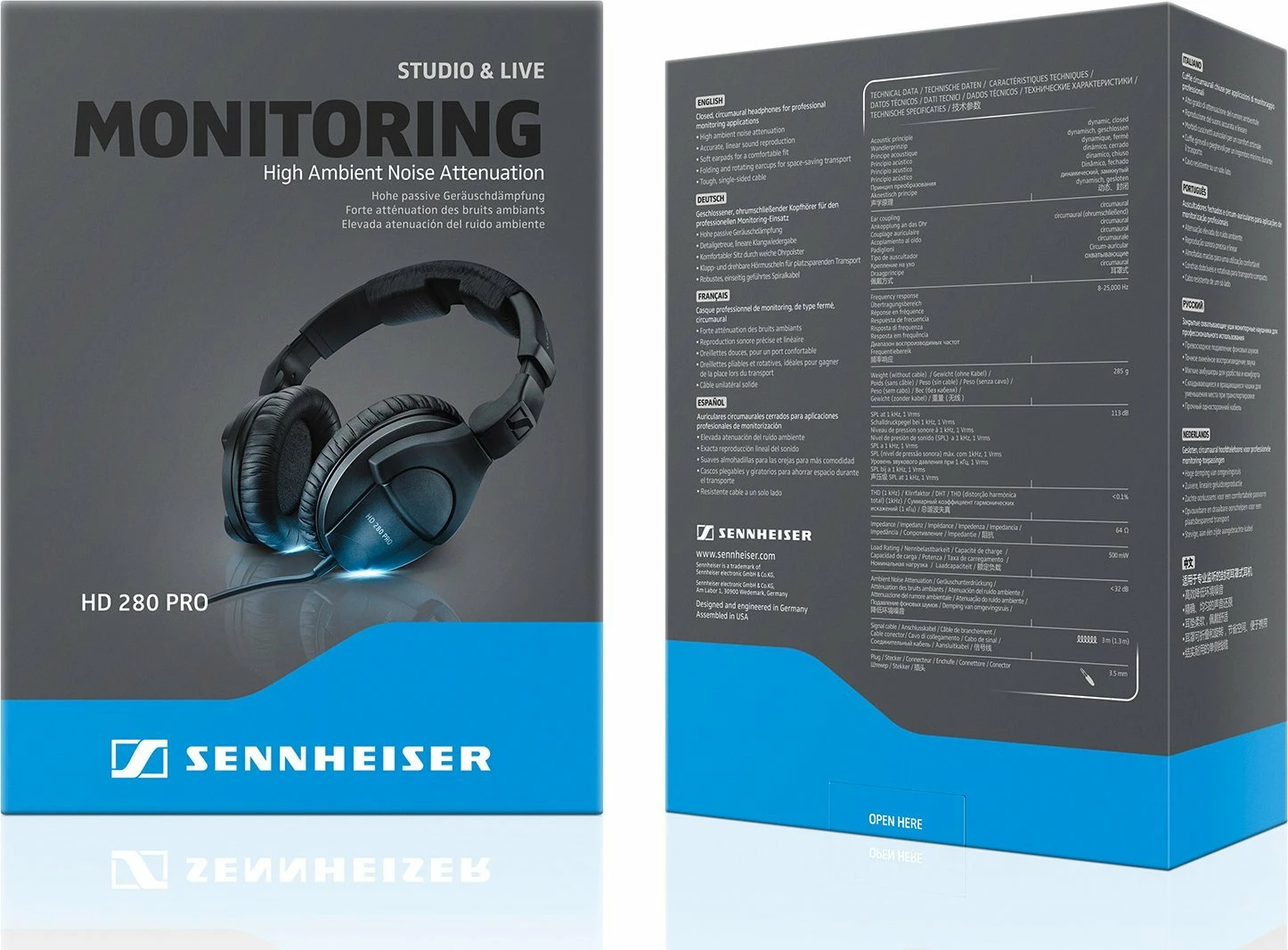 Kufje Sennheiser HD 280 Pro, me kabllo spiral 1-3 m, 3.5 mm + adapter 6.3 mm, të mbyllura over-ear, të zeza