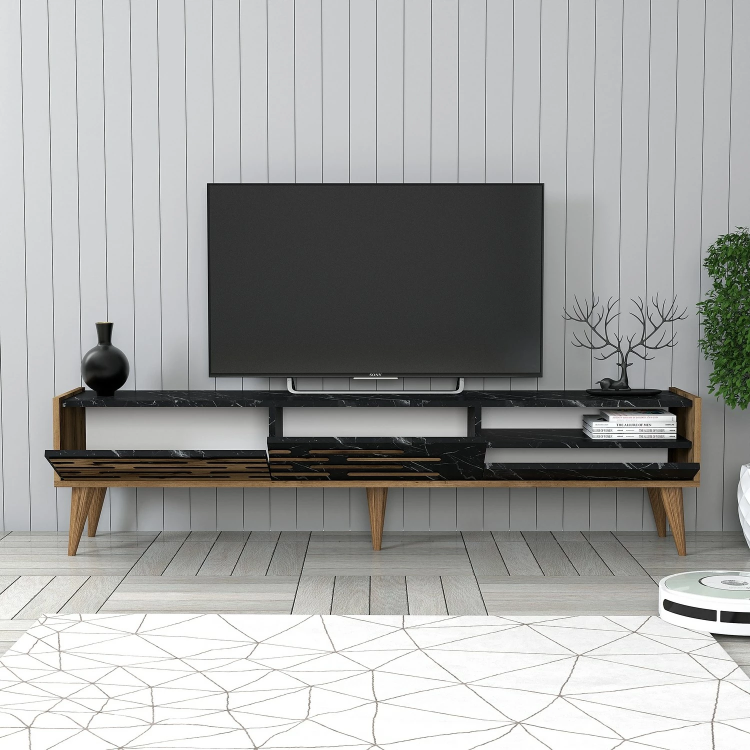 Komodë TV Hanah Home, Valensiya, ngjyrë arre, e zezë, mermer