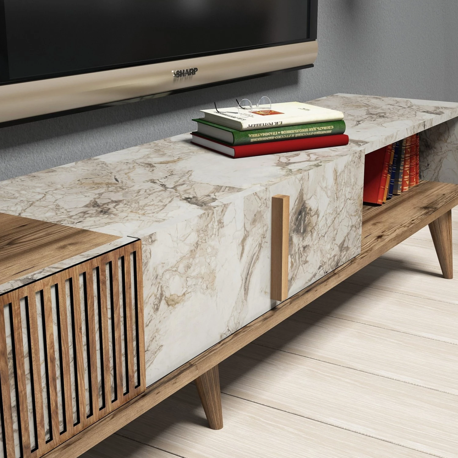 Kompozim dhome ndeje, FH11845.03, 3 pjesë, ngjyrë arre dhe mermer i bardhë