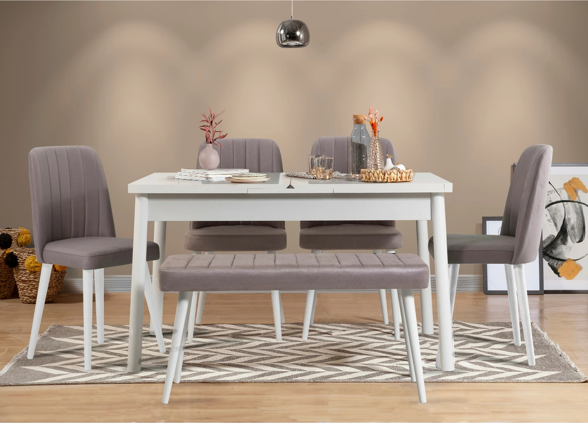 Set tavolinë me karrige të zgjatshme, Hanah Home, Santiago, e bardhë-gri, 6 copë