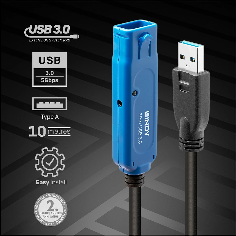 Kabllo zgjatëse aktive USB 3.0 Lindy 10m, USB-A Mashkull në USB-A Femër, 5 Gbps, zezë/kaltër