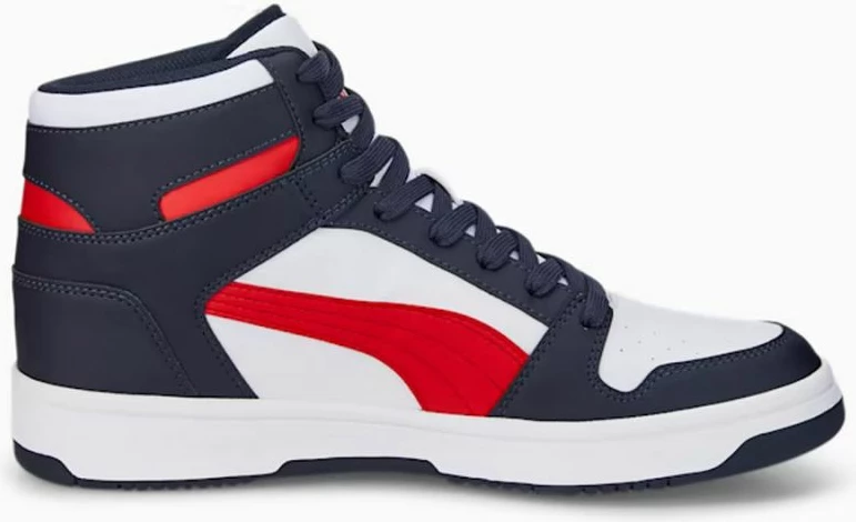 Atlete Puma për meshkuj, të bardha me të kuqe dhe blu marine