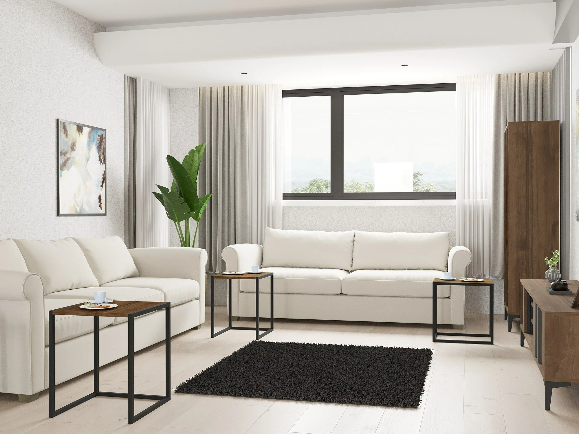 Set tavolinash ndihmëse të vendosshme, ngjyrë e zezë dhe arre, 3 copë, Hanah Home, Tali