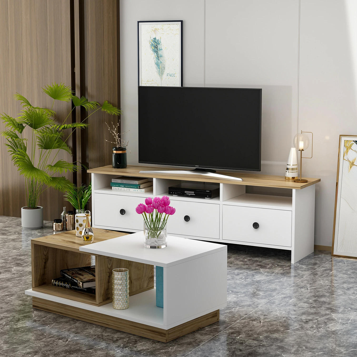 Set mobiljesh për dhomë dite, Skye Decor, Oslo, ngjyrë e bardhë dhe lis