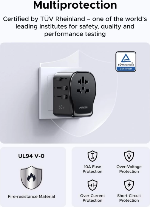 Adapter udhëtimi universal UGREEN 55001 (S550) 65W GaN, 2x USB-C + 1x USB-A, prizë AC universale, EU/UK/US/AU, i zi