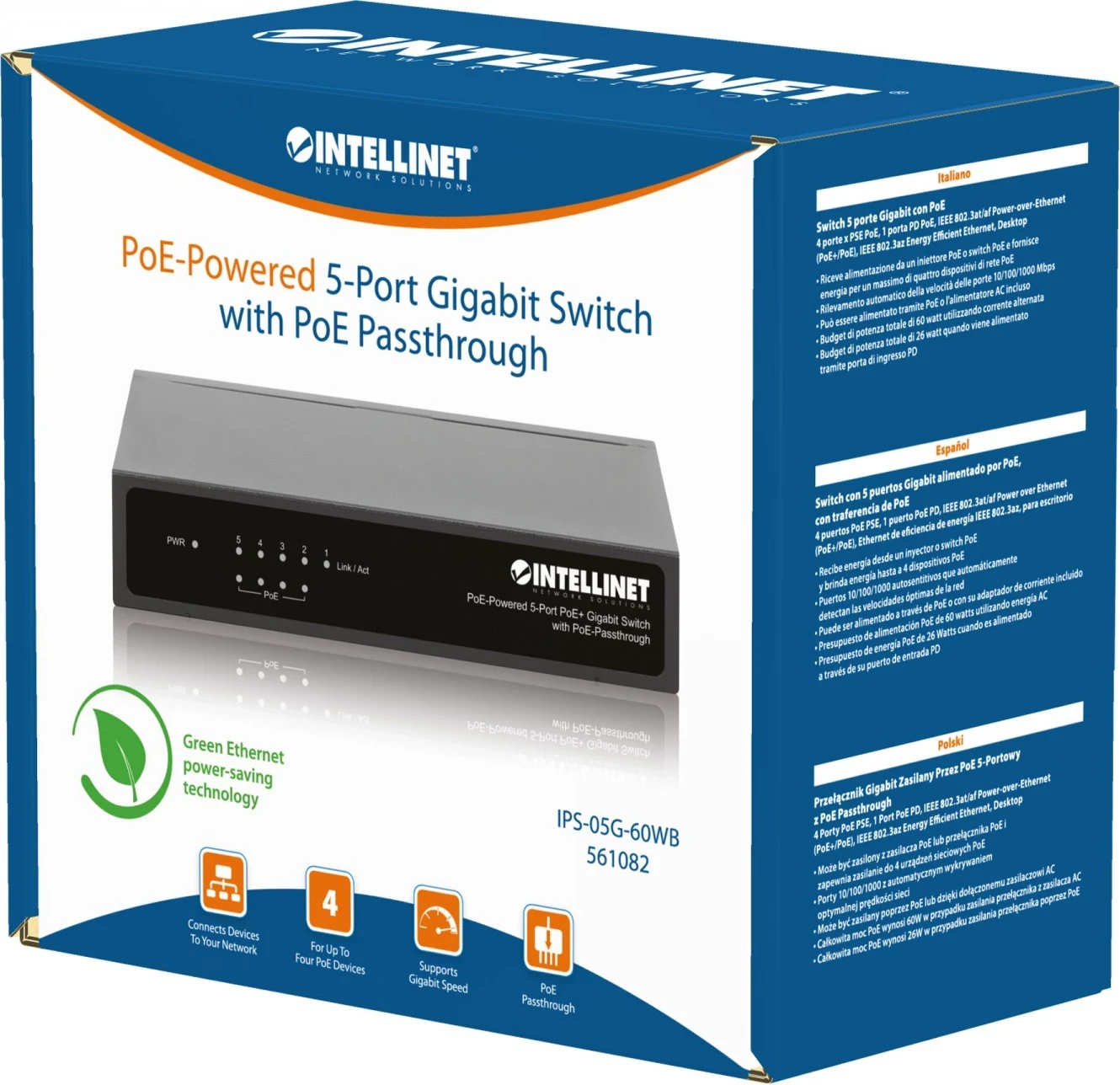 Switch Intellinet 561082, 5 Porte Gigabit PoE, i pa menaxhueshëm