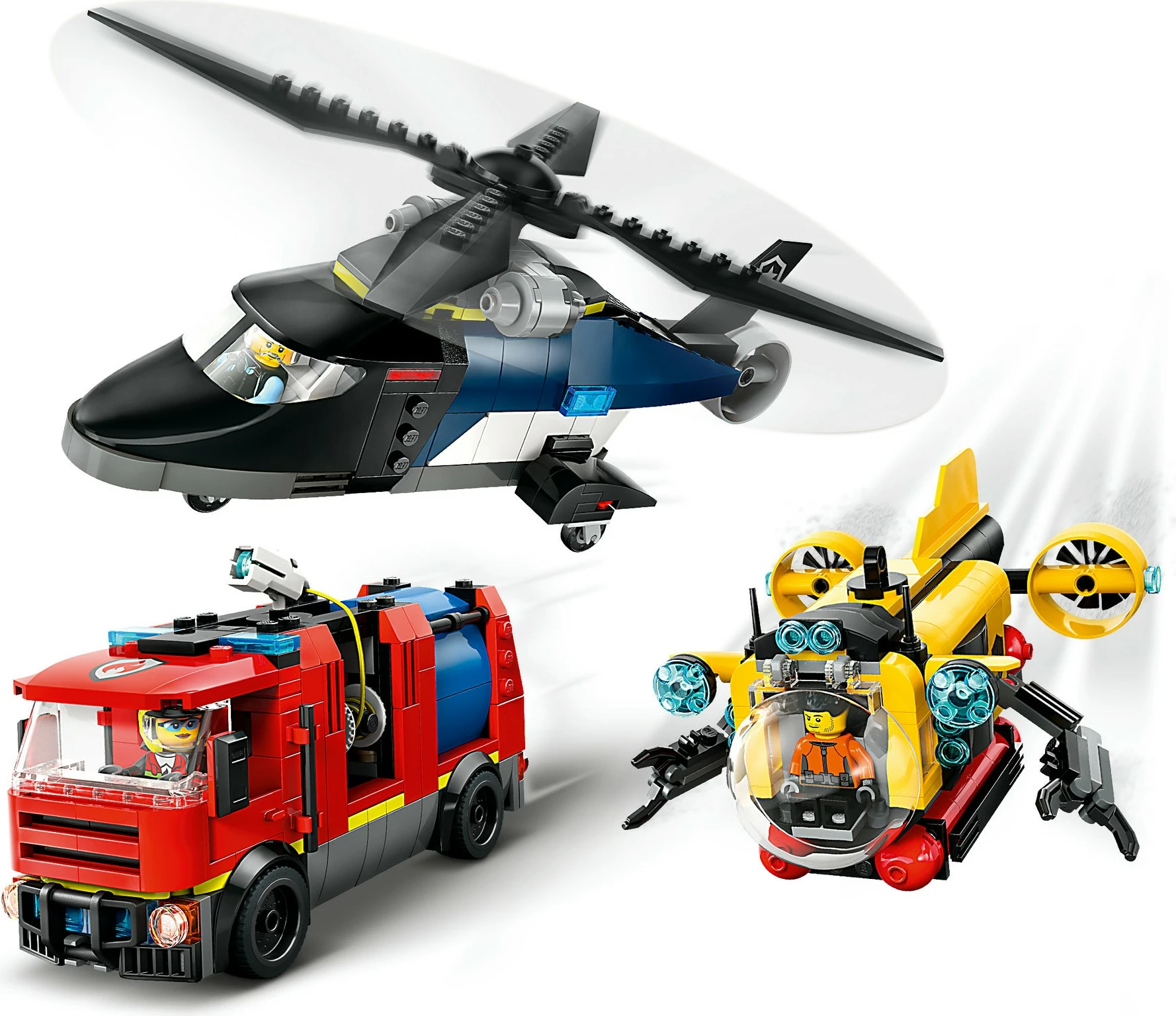 Set ndërtimi LEGO City 60462, helikopter, kamion zjarrfikës, nëndetëse, 874 pjesë, multingjyrësh