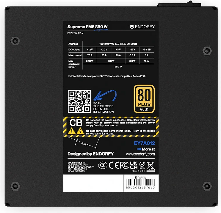 Furnizues rryme Endorfy Supremo FM6, 850W, 80 PLUS Gold, Fully Modular, ATX 3.1, i zi