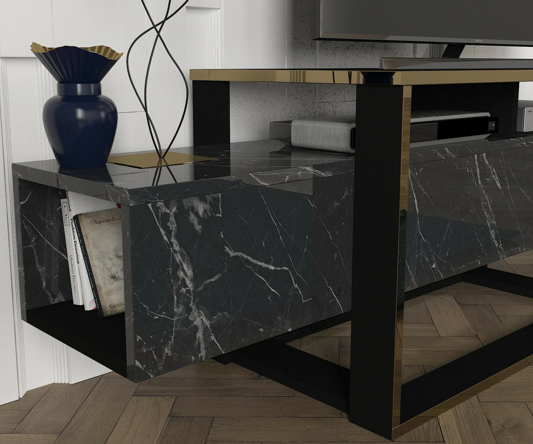 Komodë TV Hanah Home, ngjyrë e zezë dhe ari, Bianco