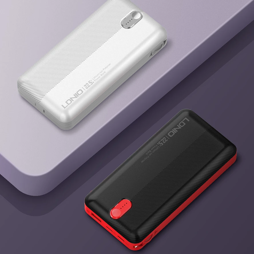 Power bank LDNIO PQ24 20000mAh 22.5W me 1x USB-A + kabllo të integruara USB-C/Lightning (1C1L), bardhë