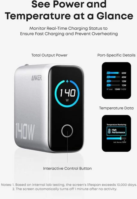 Karikues për laptop Anker B2697 140W GaN PD 3.1, 4 porta (3x USB-C + 1x USB-A), me ekran, gri, me kabllo USB-C në USB-C 1.5m