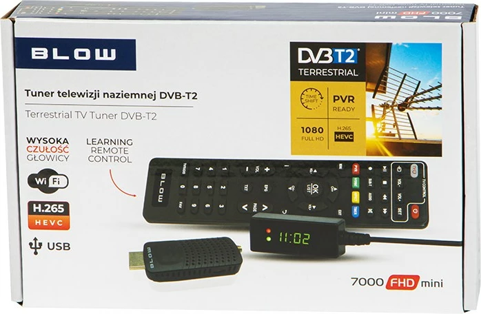 Tuner DVB-T2, BLOW, 7000FHD MINI H.265, Full HD 1080p, HDMI, PVR/TimeShift, USB, WiFi me adapter, me telekomandë dhe ekran IR
