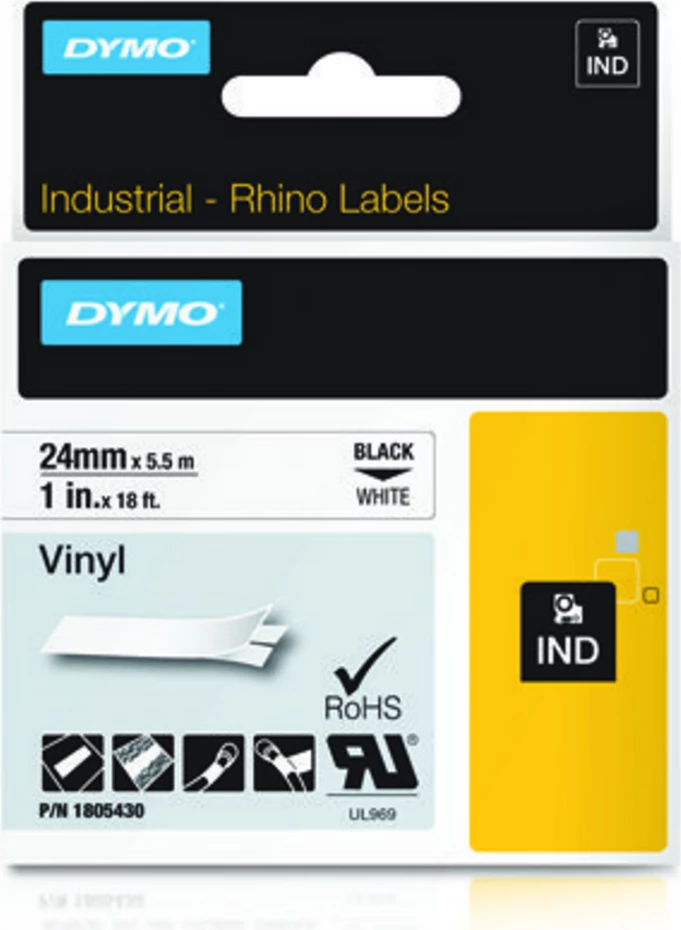 Shirit etiketa industrial Dymo Rhino 1805430 24mm x 5.5 m vinil XXL zi mbi bardhë