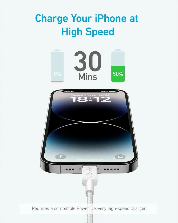 Kabllo Anker A81B5G11 USB-C në Lightning, 0.9 m, 30 W, e zezë
