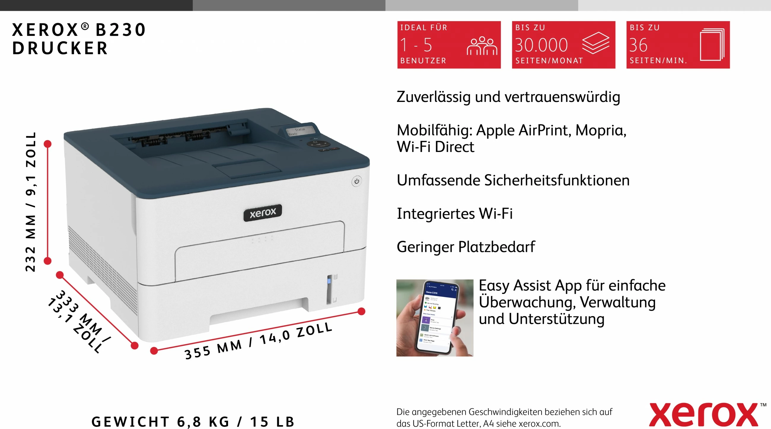 Printer lazer Xerox B230, Wi-Fi, duplex, 34ppm, bardhë/kaltër