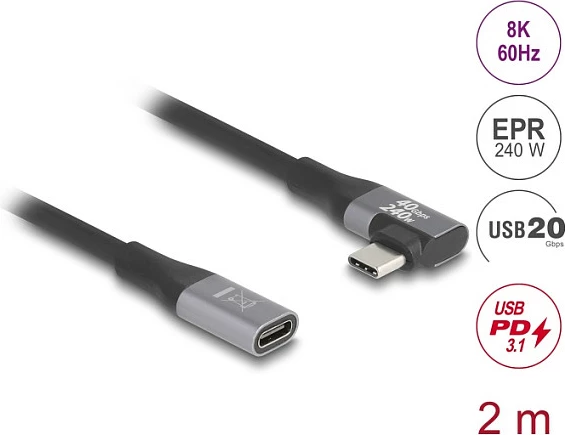 Kabllo USB-C DeLOCK 81148, 2 m, Thunderbolt 4, 20 Gbit/s, PD 240 W, e zezë